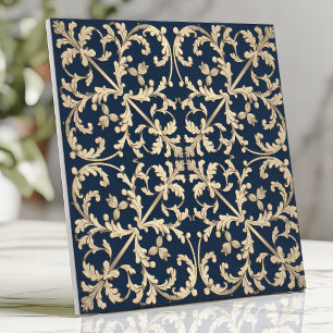 Klassieke Damast Krul Bloemmotief Navyblauw Goud Tegeltje