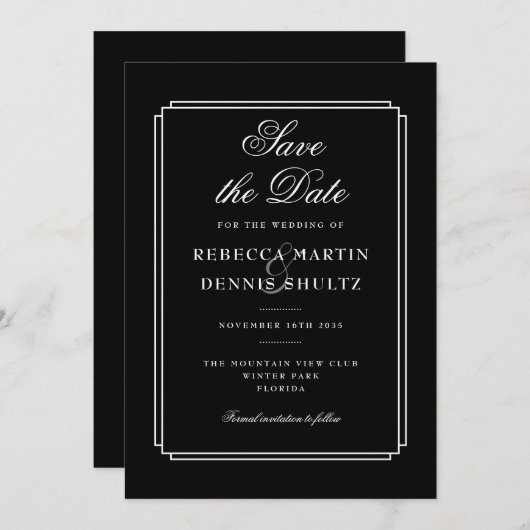 Klassieke Deco | Zwart en wit Save the Date (Voorkant / Achterkant)