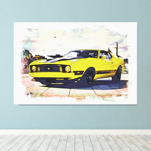 *~* Klassieke Digitale  Gele Retro Auto Canvas Afdruk (Insitu (Houten vloer))