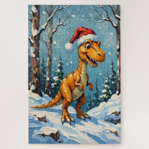 Klassieke dinosaurus met kerstmuts kersttafereel legpuzzel