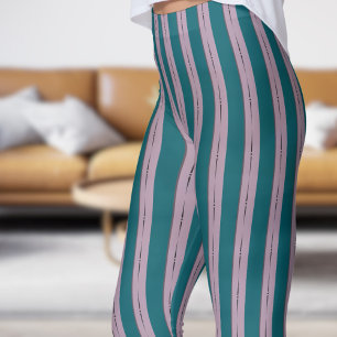 Klassieke Donker Blauwgroen en Roze Strip Patroon Leggings
