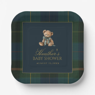 Klassieke donkergroene en blauwe ruit baby shower papieren bordje
