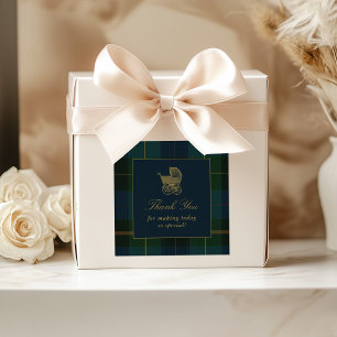 Klassieke donkergroene en blauwe ruit baby shower vierkante sticker