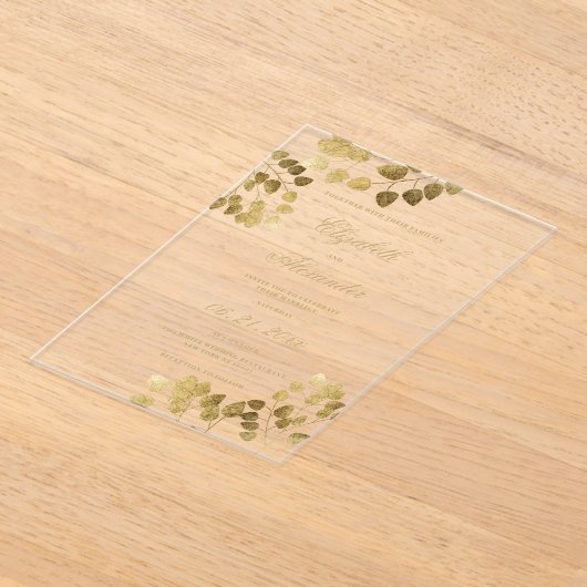 Klassieke donkergroene gouden eucalyptus elegante acryl uitnodigingen (Laagn)