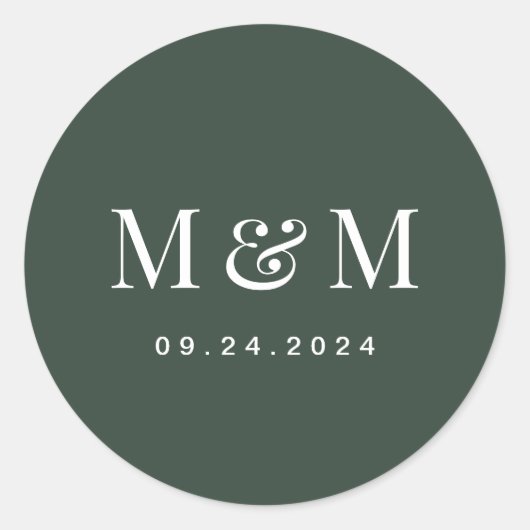 Klassieke donkergroene monogram typografie trouwfe ronde sticker (Voorkant)