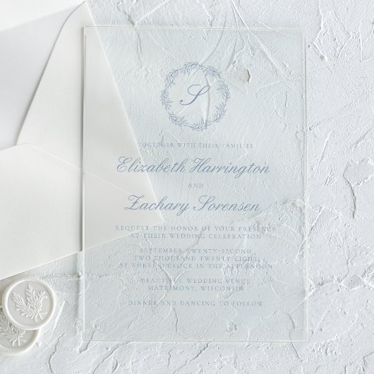 Klassieke Dusty Blue Monogram Krans Script Wedding Acryl Uitnodigingen