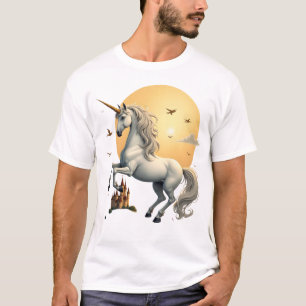 Klassieke eenhoorn-fantasiekunst met kasteel onder t-shirt
