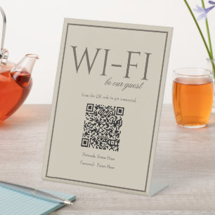 Klassieke Eenvoudige Bruine Wi-Fi QR Code Tabeltek Reclamebord Met Voetstuk