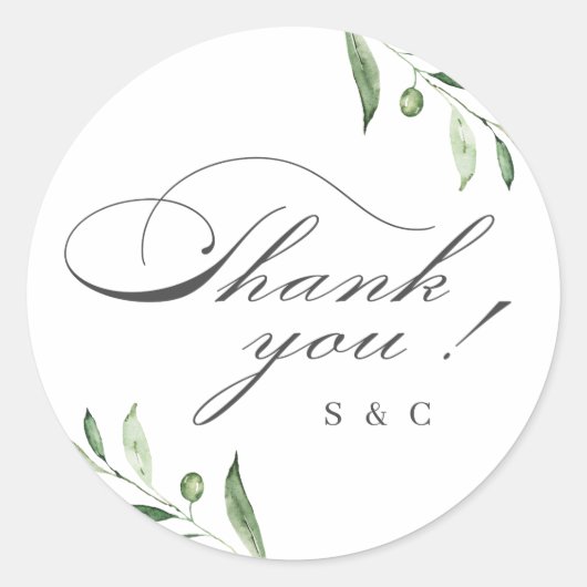 Klassieke Elegance Script Greenery Dank u Ronde Sticker (Voorkant)