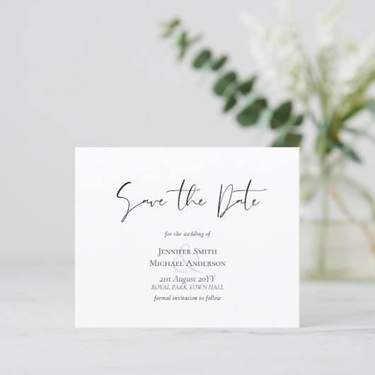 Klassieke Elegance White Script Save the Date Budg (Staand voorkant)