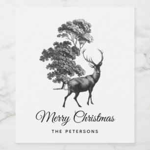 Klassieke Elegant Black White Toile Deer in Forest Wijn Etiket