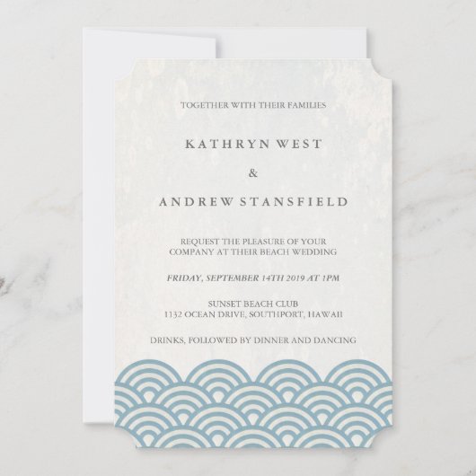 Klassieke elegant blauw en wittebeach bruiloft kaart (Voorkant)