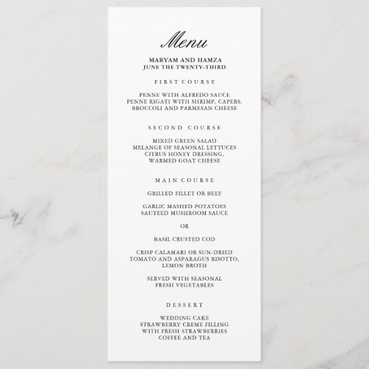 Klassieke Elegant Weddenrenmenu Menu (Voorkant)