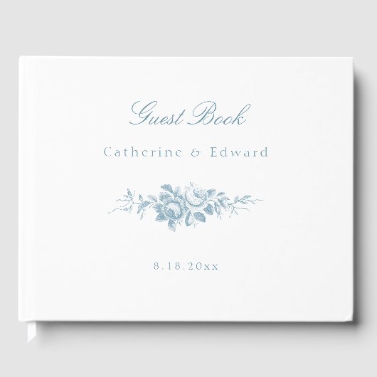 Klassieke Elegante Blauwe en Witte Bloemen Gastenboek (Voorkant)