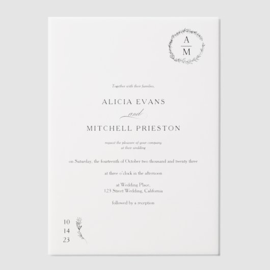 Klassieke Elegante Bloemen Monogram Huwelijk Vellum Uitnodigingen (Voorkant)