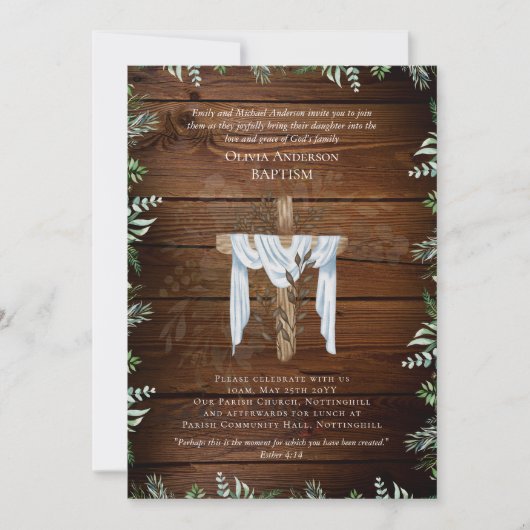 Klassieke Elegante DOOP Uitnodiging Rustieke Hout (Voorkant)