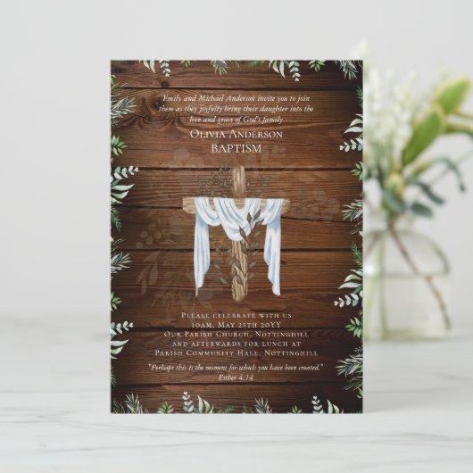 Klassieke Elegante DOOP Uitnodiging Rustieke Hout (Staand voorkant)