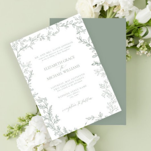 Klassieke elegante formale sage Green Leafy Weddin Kaart