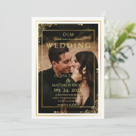 Klassieke elegante gouden fototrouw kaart (Staand voorkant)