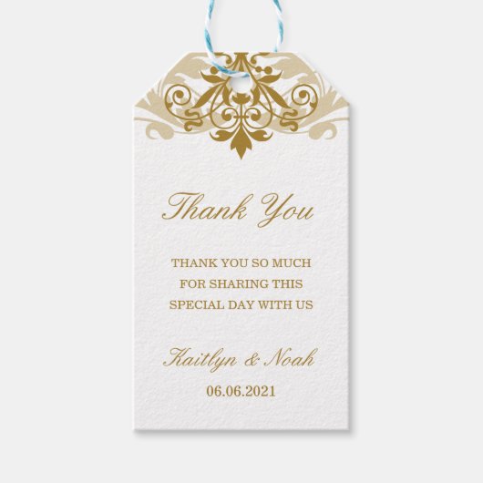 Klassieke & Elegante Gouden Ironwork Bruiloft Dank Cadeaulabel (Voorkant)