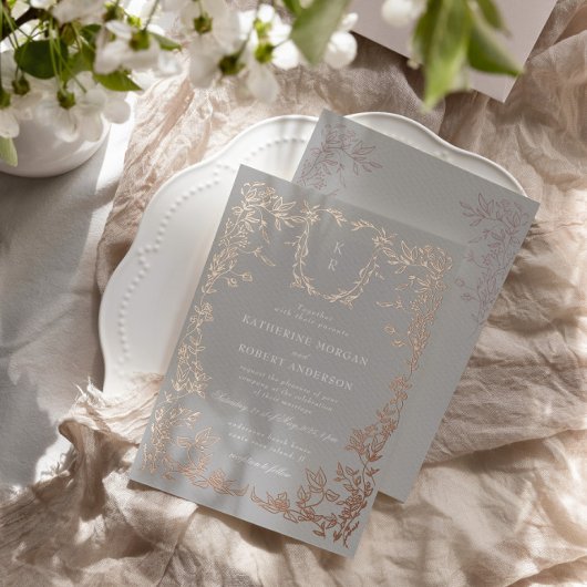 Klassieke Elegante Kam Monogram Bruiloft Folie Uitnodiging