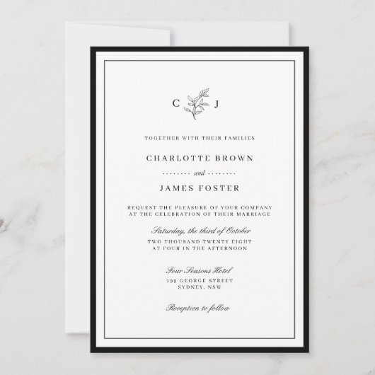 Klassieke elegante monogram leaf bruiloft kaart (Voorkant)