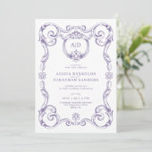 Klassieke elegante rococo lavendel monogram bruilo kaart (Staand voorkant)