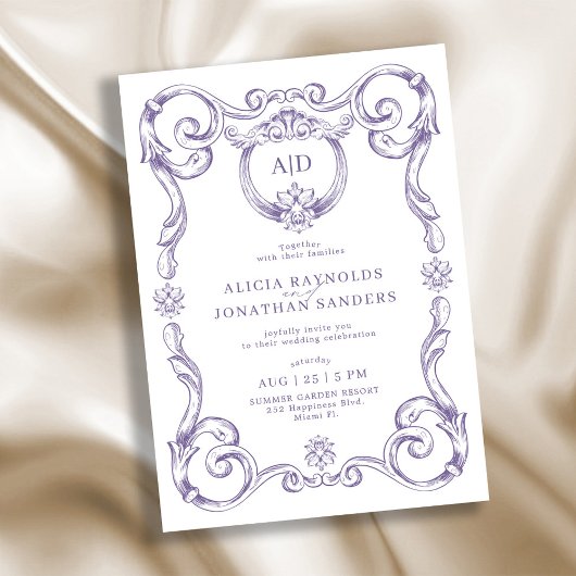 Klassieke elegante rococo lavendel monogram bruilo kaart