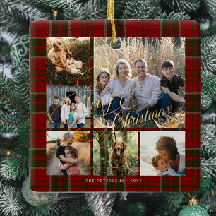 Klassieke elegante rood groene plaid 6 foto collag keramisch ornament