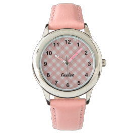 Klassieke Elegante Roze Gingham Plaid & Aangepaste Horloge
