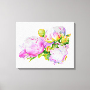 Klassieke elegante roze witte pioen florale waterv canvas afdruk