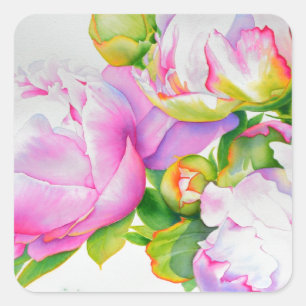 Klassieke elegante roze witte pioen florale waterv vierkante sticker