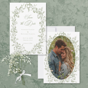 Klassieke Elegante Salie Bloemrijke Lint Foto Brui Save The Date