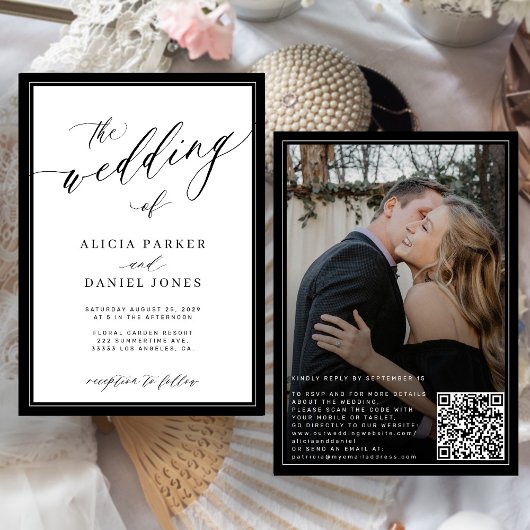 Klassieke elegante script QR-code foto bruiloft Kaart