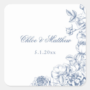Klassieke Elegante Stofblauwe Bloemige Bruiloft Vierkante Sticker