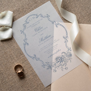 Klassieke Elegante Stofblauwe Bloemrijke Trouwfram Vellum Uitnodigingen