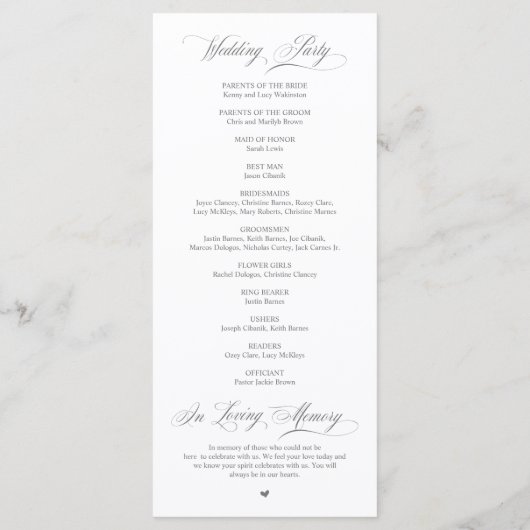 Klassieke Elegantie Grijs Script Huwelijksceremoni Programma (Achterkant)