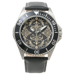 Klassieke elegantie, mozaïek zwart goud patroon, h horloge
