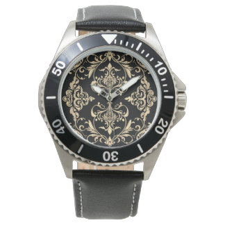 Klassieke elegantie, mozaïek zwart goud patroon, h horloge