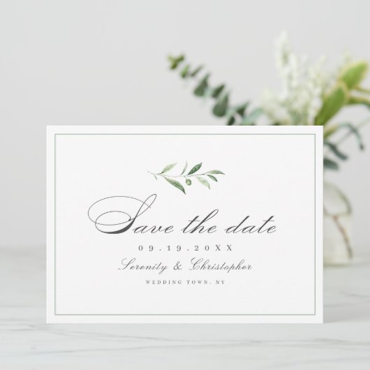 Klassieke elegantie script eenvoudig groen opslaan save the date (Staand voorkant)