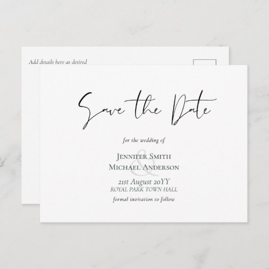 Klassieke Elegantie Witte Script Save the Date Bud Briefkaart (Voorkant / Achterkant)