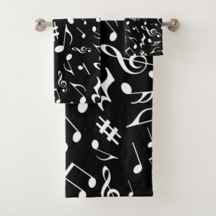 Klassieke en eenvoudige witte Muzieknoten op zwart Bad Handdoek