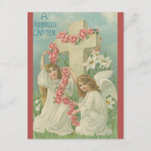 Klassieke engelen met een kruis roze bloemen Pasen Briefkaart