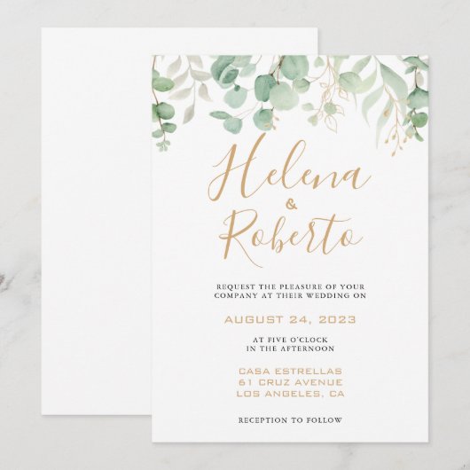 Klassieke Eucalyptus Gold Leaf Formal Wedding Kaart (Voorkant / Achterkant)