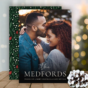 Klassieke familienaam Floral Terug Foto Feestdagenkaart