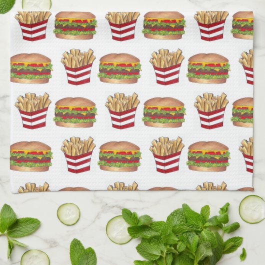 Klassieke Fast Food Pairing Burger and French Frie Theedoek (Gevouwen)