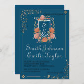Klassieke Floral Monogram Crest bruiloft uitnodigi Kaart (Voorkant / Achterkant)