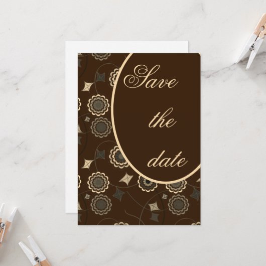 Klassieke Floral Pattern Brown Save the Date Kaart (Voorkant / Achterkant in situ)