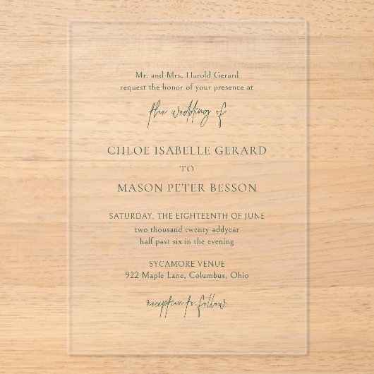 Klassieke Forest Green Elegant Wedding Acryl Uitnodigingen (Voorkant)