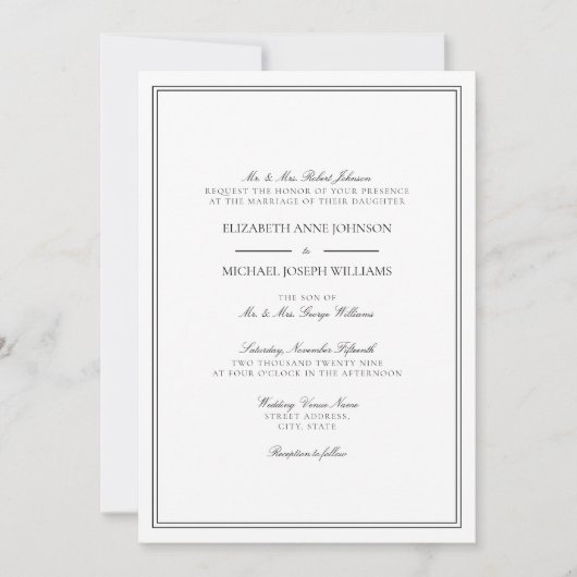 Klassieke Formele Zwart & Wit Script Bruiloft Kaart (Voorkant)